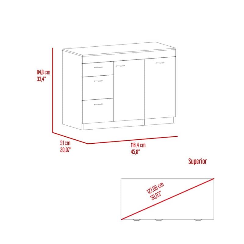 Grecia Kitchen Base Cabinet,Three Drawers, Two Internal Shelves -White / Dark Walnut