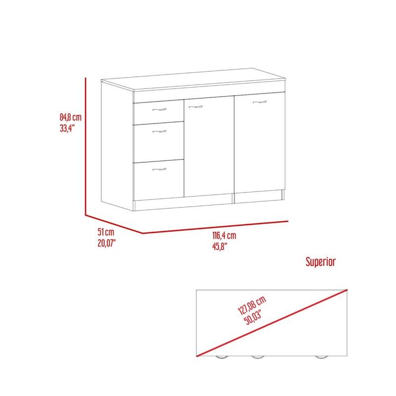 White & Dark Walnut Kitchen Base Cabinet with 3 Drawers, 2 Shelves & Expandable Top Surface