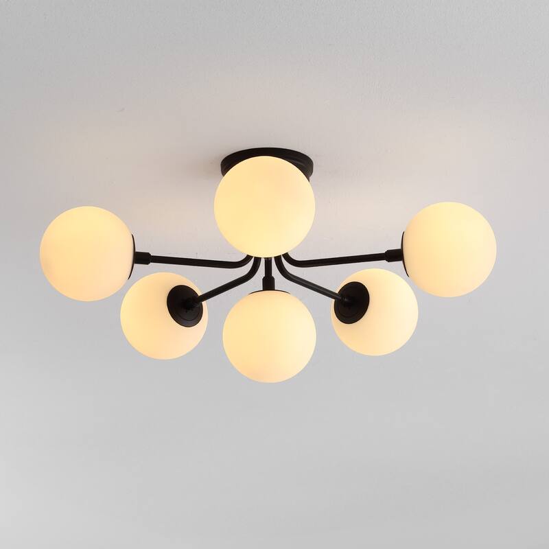24" 6-Light Globe Modern Industrial Iron Bistro LED Semi Flush Mount, By JONATHAN Y