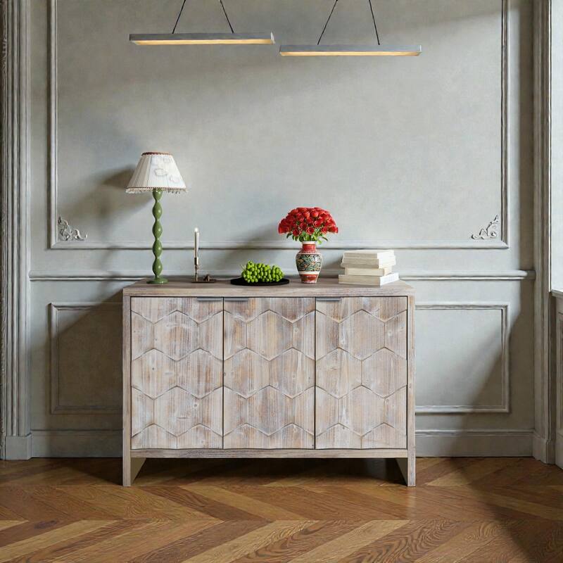 Farmhouse Accent Cabinet with Storage, 3 Door Wooden Sideboard Buffet with Adjustable Shelves, Natural Wood Wash
