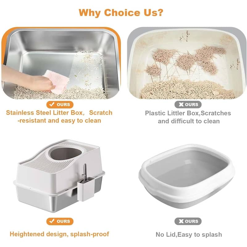 Stainless Steel High Sided Cat Litter Box, Enclosed Removable Covered