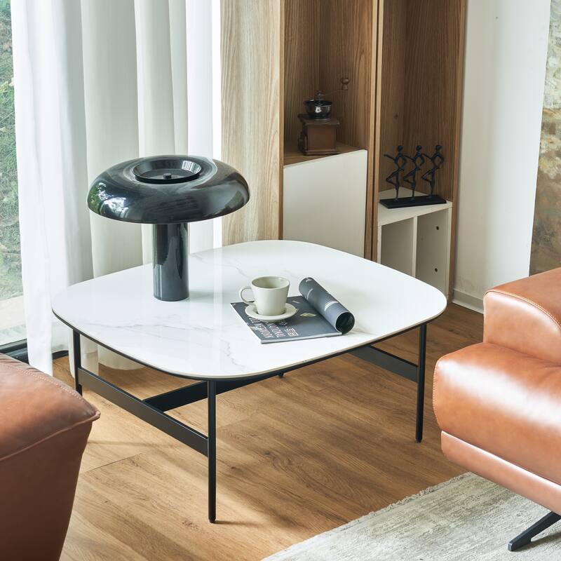 GDF Studio - Tignall Modern Ceramic Square Coffee Table with Rock Beam Top