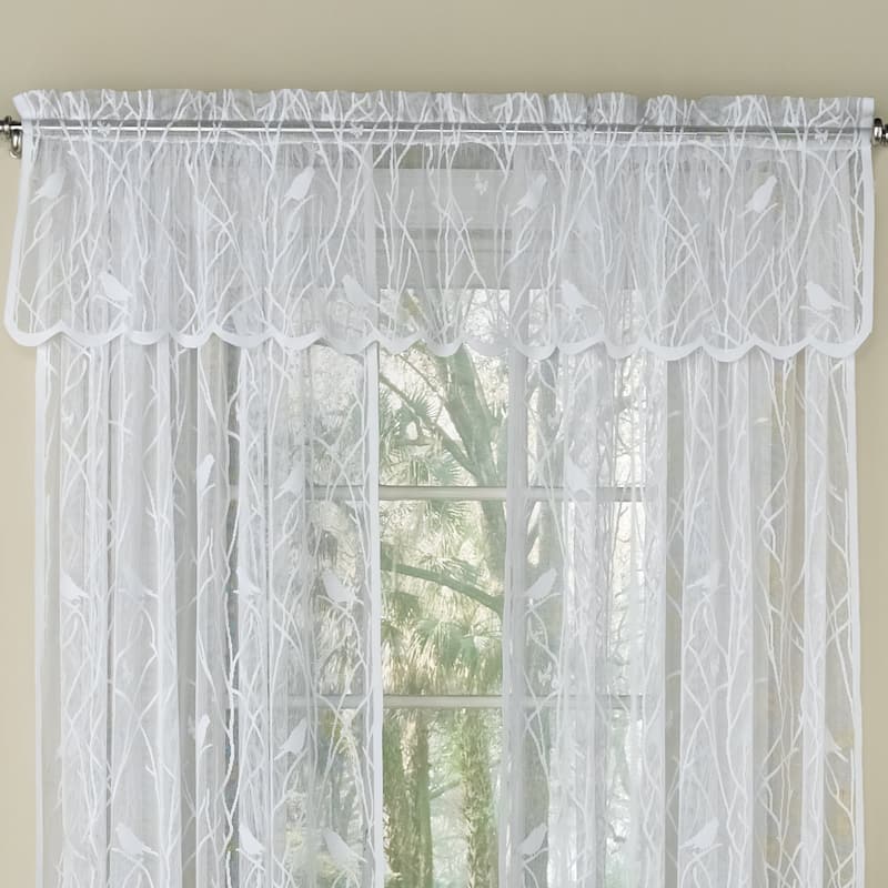 White Knit Lace Bird Motif Window Curtain Tiers, Valance and Swag Pair Options - Valance