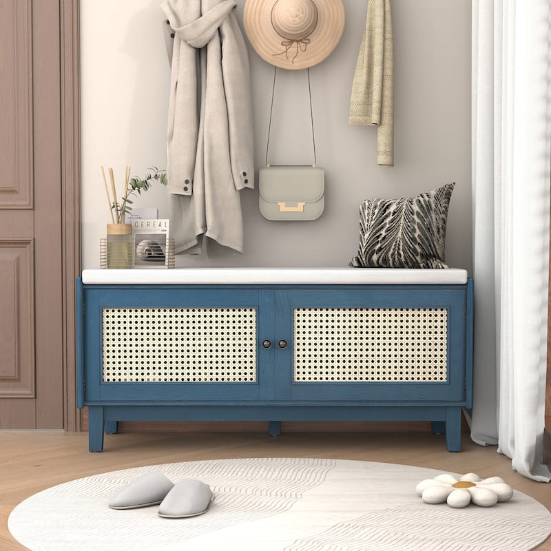 Boho Rattan Entryway Storage Bench with Double Doors - Beige+Antique Navy