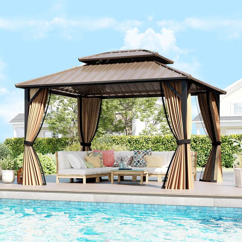 Costway 12 x 10 FT Hardtop Gazebo with Netting Heavy-Duty Double-Roof - Coffee