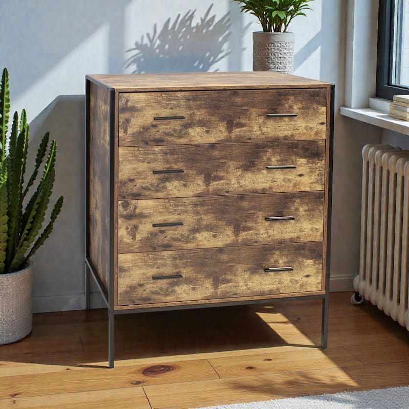 Industrial 4 Drawer Dresser, Rustic Brown Wood Storage Chest with Steel Frame for Bedroom Living Room