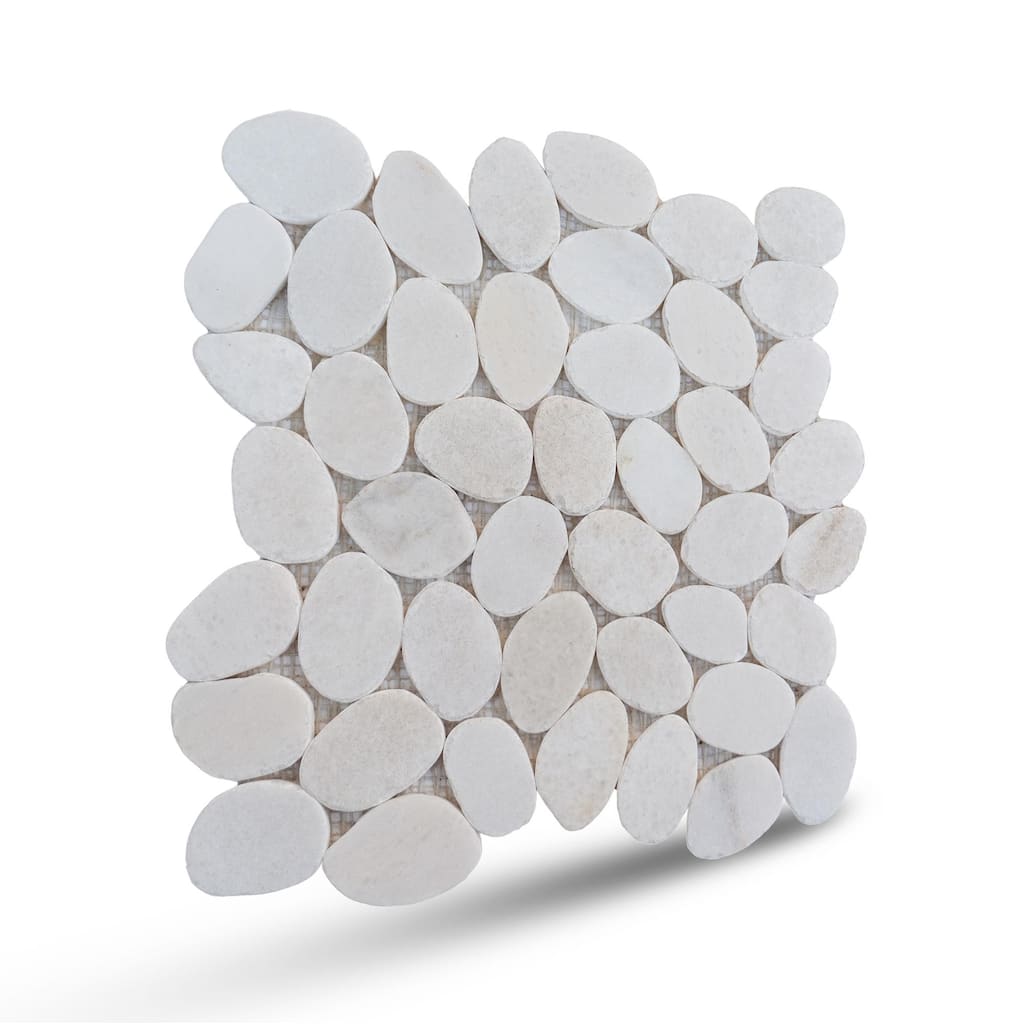 Snow White Sliced Pebble Mosaic, Backsplash Kitchen Walls, Shower and Bathroom Floors 12" X 12" (5 Sqft per case)