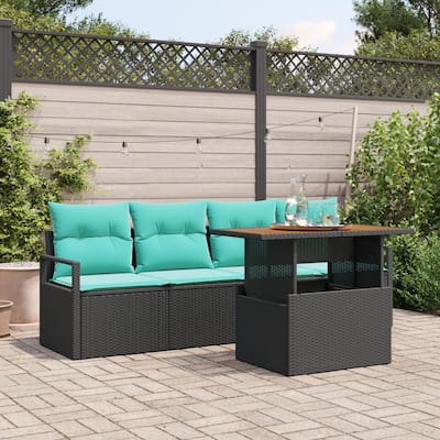 vidaXL 5 Piece Garden Sofa Set with Cushions Black Poly Rattan - 90.6×24.4×27.2