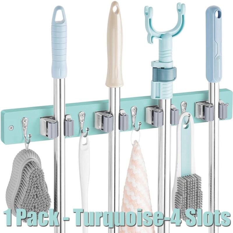 Wood Mop Broom Holder Wall Mount with 4 Slots & 4 Hooks - 1 Pack