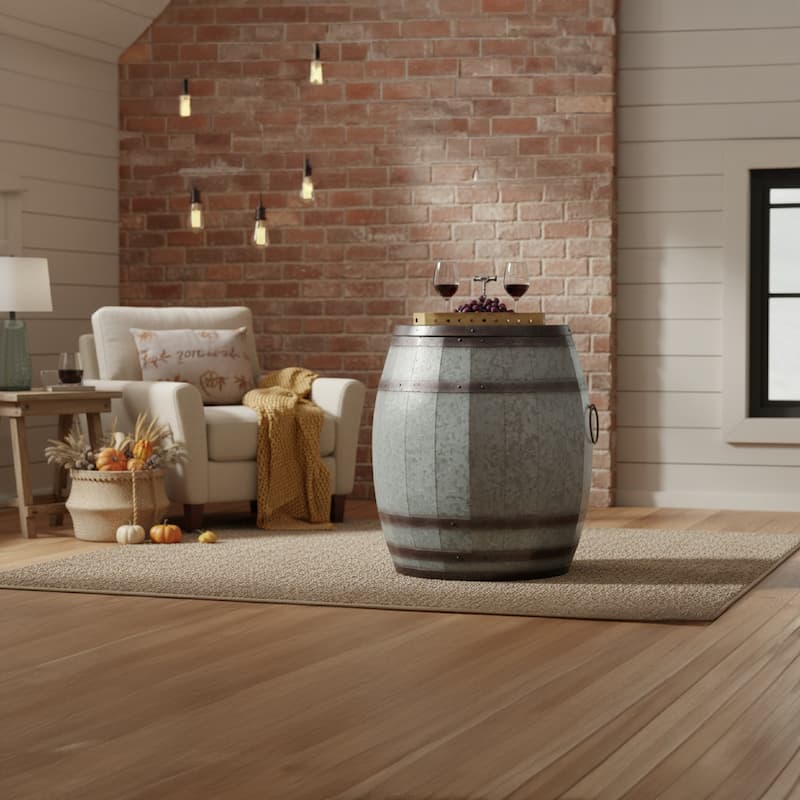 Barrel Drum Shape Storage Table with Removable Lid, Rustic Brown and Gray Metal - Wrought Iron