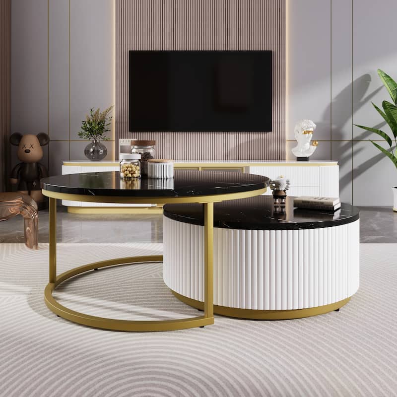 Modern Round Nesting Coffee Set of 2, Stacking Living Room Accent Tables with Gold Metal Frame, Office Wood Center Table - Black