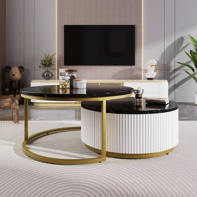 Modern Round Nesting Coffee Table Fluted With Drawer