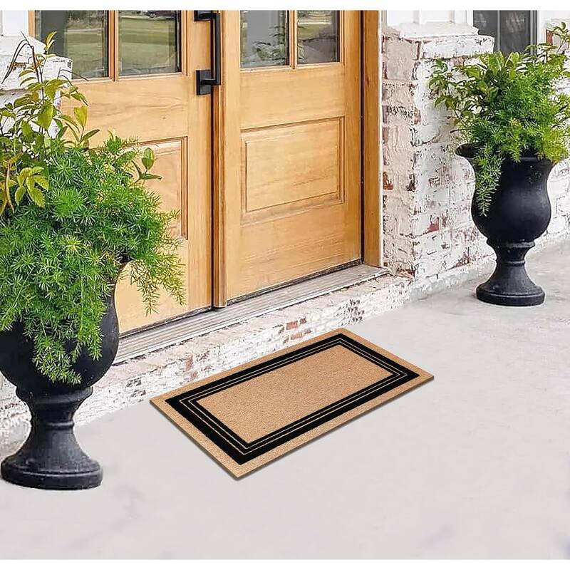 A1HC Classic Border Entrance Door Mats, Durable Large Outdoor Rug, Non-Slip, Flock Doormat Black/Beige