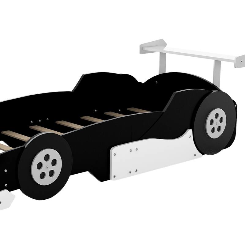 Wooden Race Car-Shaped Platform Bed with Guardrail