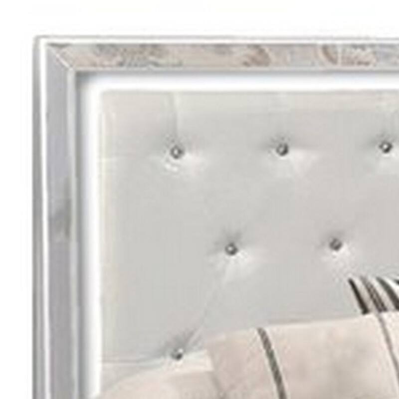 Eli Modern Wood Queen Bed, Crystal Tufted Headboard LED, White Faux Leather