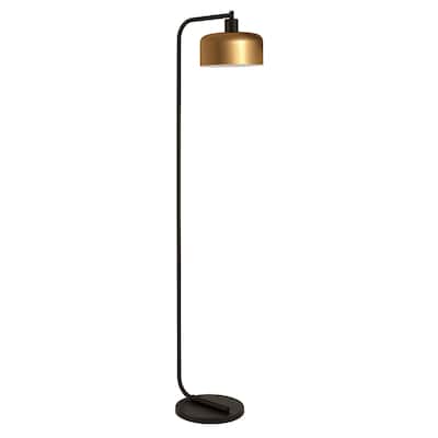 57" Black Arched Floor Lamp with Brass Metal Bell Shade Smart and Satin Finish for Living Room or Bedroom
