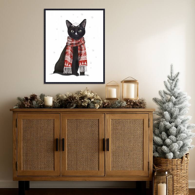 Black Cat Red Scarf by Fab Funky (23 x 28 in.), Framed Canvas Wall Art Print - Sylvie Beaded Black