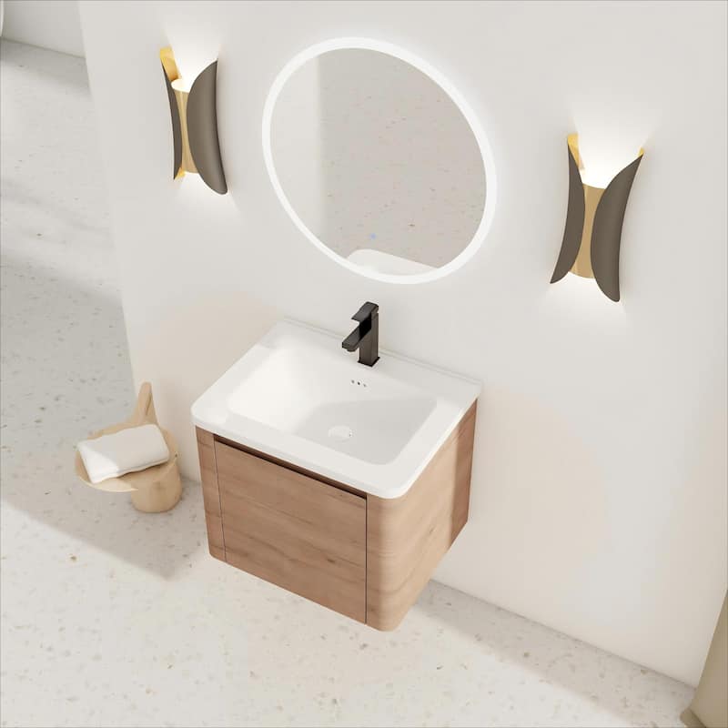 24'' Wall-Mounted Bathroom Vanity with White Ceramic Sink & 1-Soft-Close Door, KD-Packing, Plywood - Imitative Oak