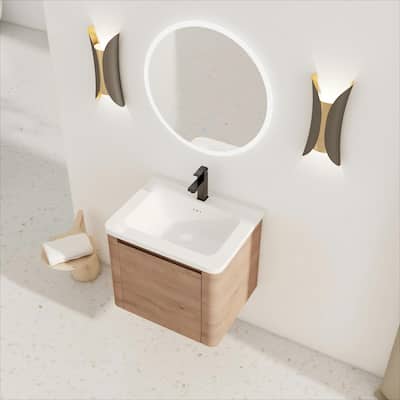 24'' Wall-Mounted Bathroom Vanity with White Ceramic Sink & 1-Soft-Close Door, KD-Packing, Plywood