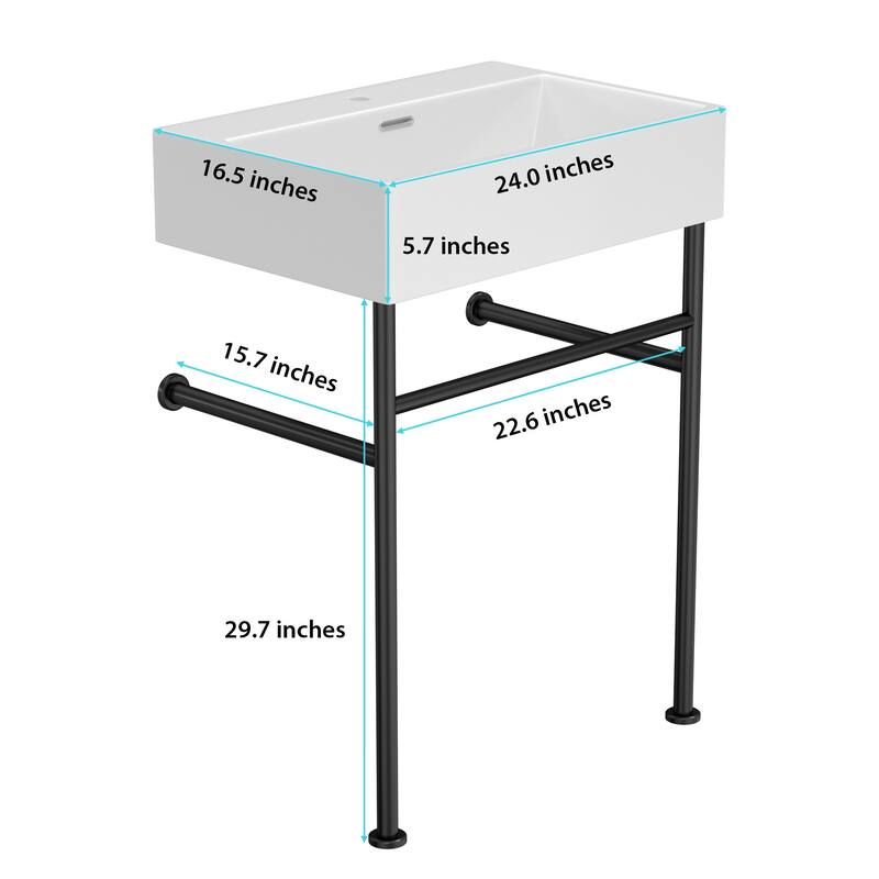 24" Console Sink for Bathroom with Overflow, White Ceramic Basin, Black Metal Legs, Includes Drain Kit
