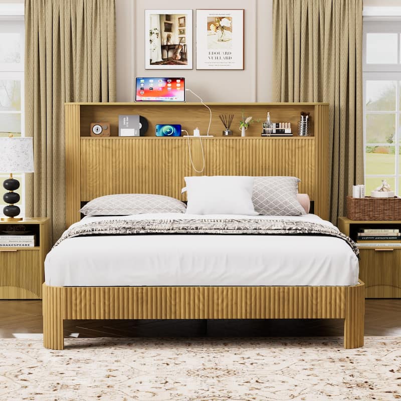 Queen Size Bed Frame With Storage Headboard, Built-In Charging Station, Wavy Curved Lines Design, Silent Operation