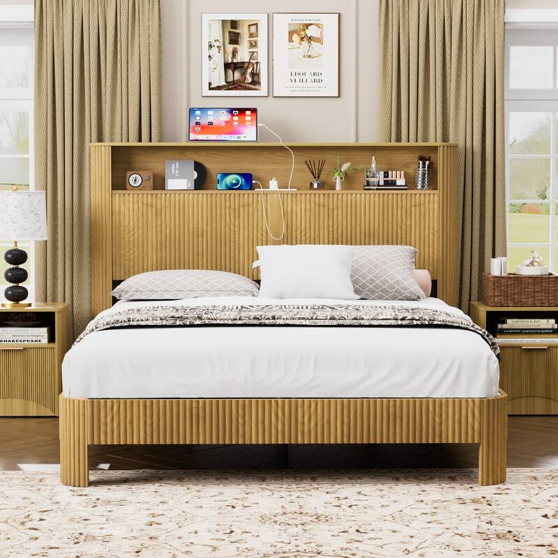 Queen Size Bed Frame with Storage Headboard, Charging Station, Wavy Design, Silent, Metal Support, Natural