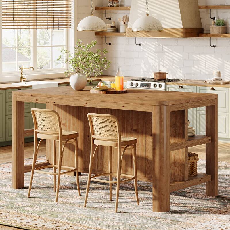 63 Inch Solid Wood Kitchen Island Table with Storage Shelves