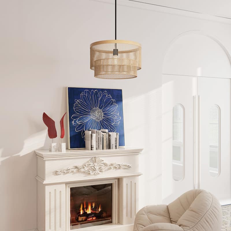 1-Light Rattan Farmhouse Boho Rustic Drum Light