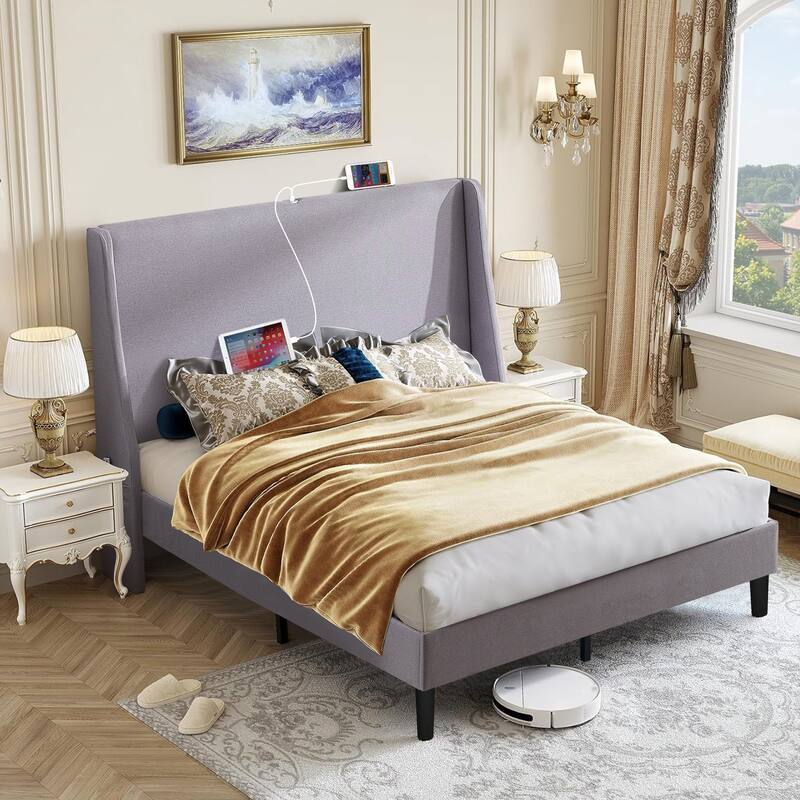 VECELO Bed Frame with Upholstered Wingback Headboard,Platform Bedframe with Charging Station & Side Pockets