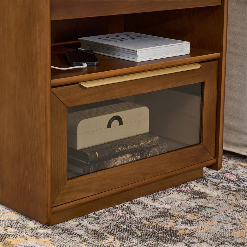 Mid Century Modern 2-Drawer Nightstand with Charging Station and Open Shelf for Bedroom Storage and Convenience