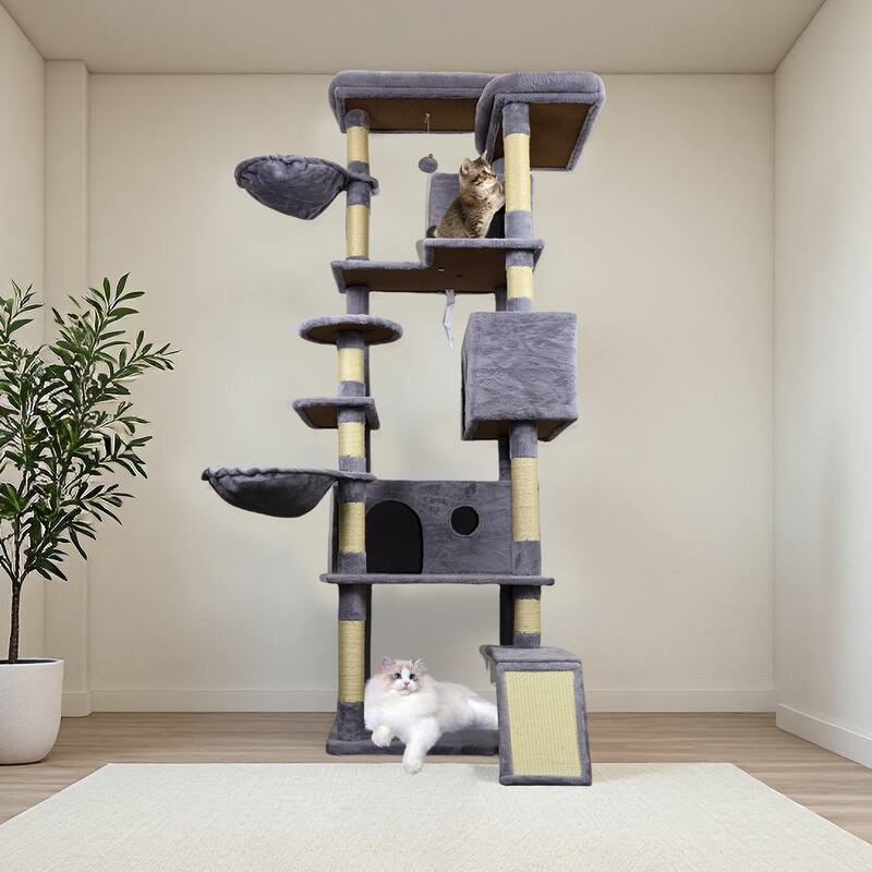 84.6 in Dark Gray Cat Tree Tower with Wide Base, 3 Large Hinding Condo, 11 Sisal Scratching Post, Sisal Scratching Ladder
