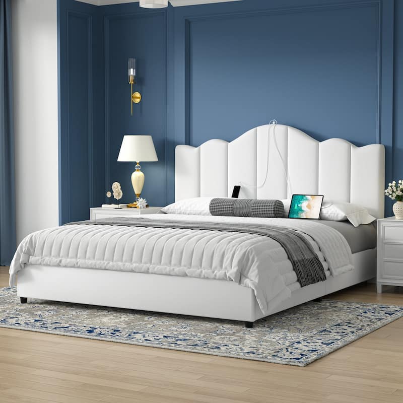 VECELO Platform Bed Frame with Type-C & USB Charging Stations Upholstered Adjustable Headboard Strong Wooden Slats Support