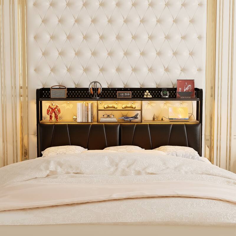 Upholstered Headboard with Pegboard and Charging Station, Storage Headboard Shelves and LED Light
