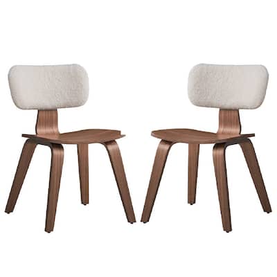 Aon 22 Inch Side Dining Chair Set of 2, Curved, White Boucle, Walnut Brown