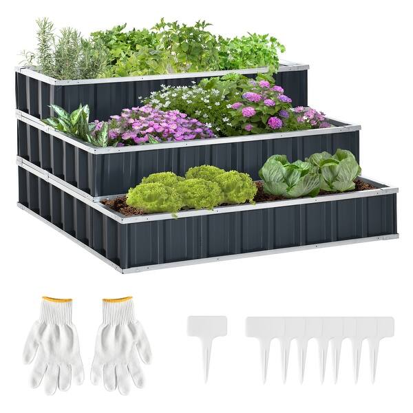 Gray Stepped Flowerpot 3 Tier Raised Garden Bed with Pair of Glove