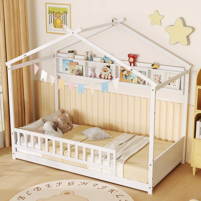 Gymax Twin Size House Bed w/Storage Shelf Headboard & Guardrail Wooden