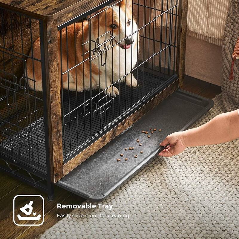 Rustic Brown Wooden Dog Crate End Table with Removable Tray and 2 Doors Ideal for Indoor Pet