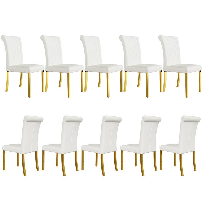Luxury PU Leather Parsons Dining Chairs Side Chairs with Rolled Back and Stainless Steel Legs - White and Gold - Set of 10