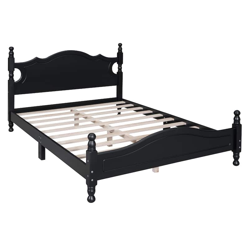 Full Size Wood Platform Bed Frame, Retro Style Platform Bed with Wooden Slat Support, Black