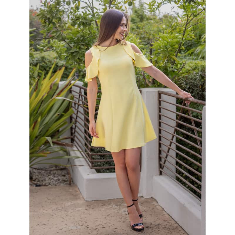 24seven Comfort Apparel Ruffle Cold Shoulder A Line Knee Length Dress