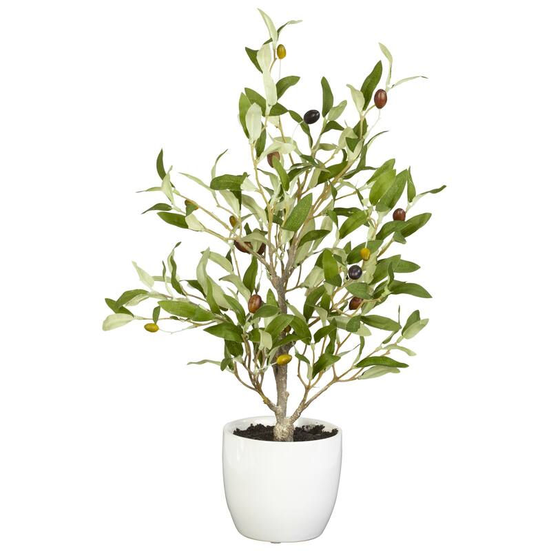 Set of 2 Artificial Silk Olive Tree with White Vase 18"