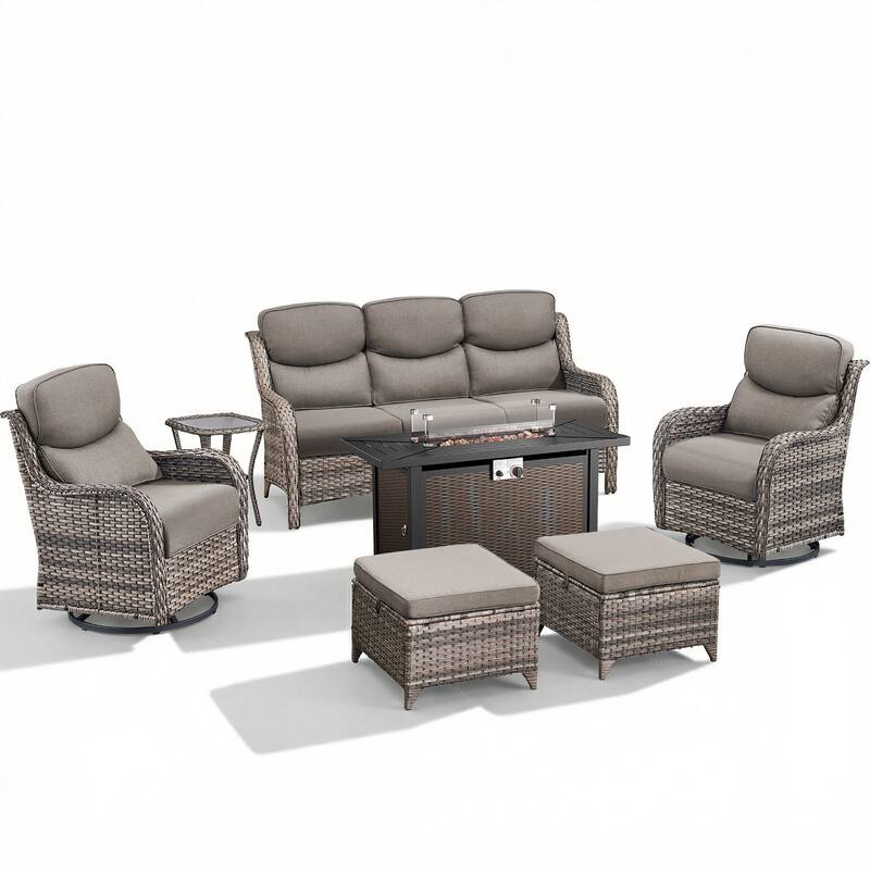 Pocassy Patio Sofa Swivel Chair Set with 43" Fire Pit Table