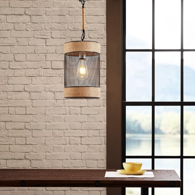 Natural Rope and Metal Mesh Cylinder Pendant for livingroom,bedroom,and dining room - Natural+Black