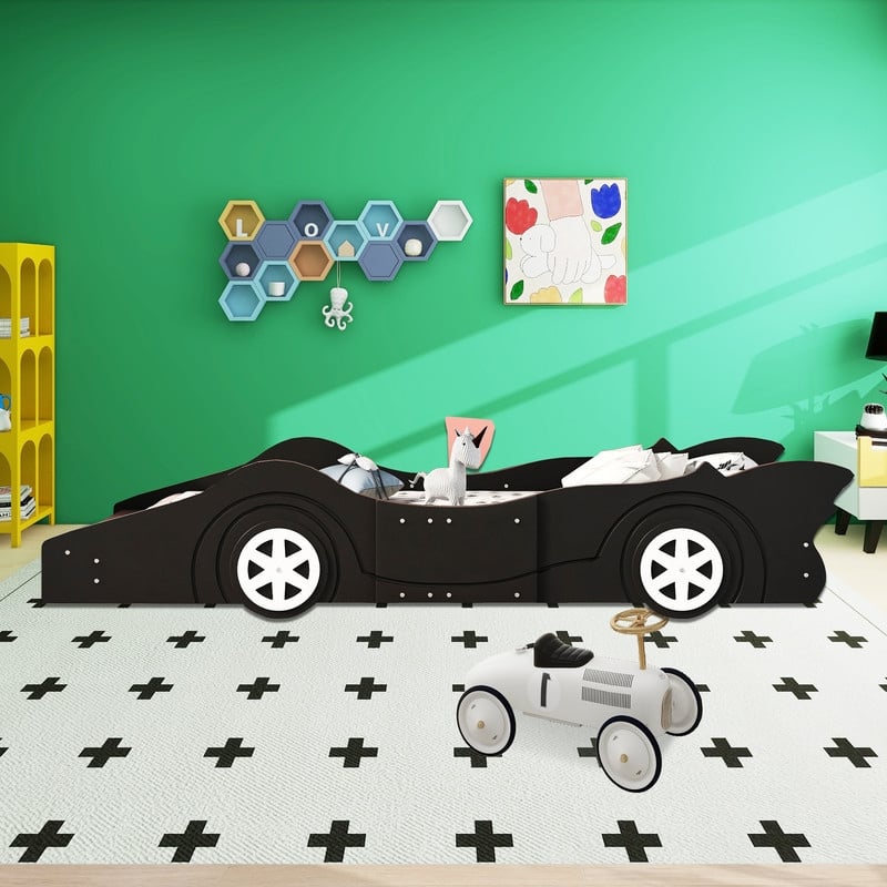 Twin Size Race Car-Shaped Platform Bed with Wheels, Black, Plywood, Bed Frame - Black