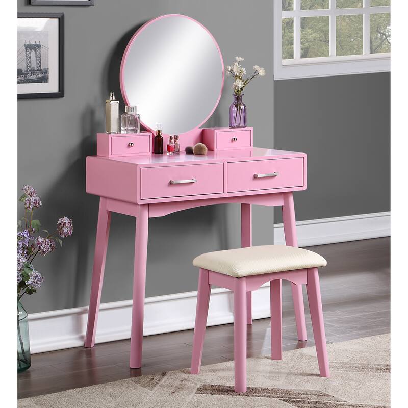 Liannon Contemporary Wood Vanity and Stool Set,Round Mirror - Pink