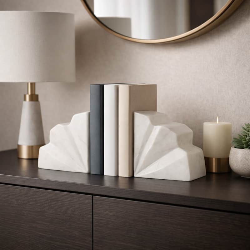 Marble Semi Circle Fluted Bookends Set of 2 - White, 5" - 5.25"