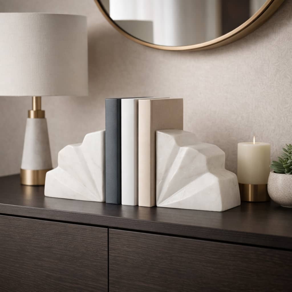 Marble Semi Circle Fluted Bookends Set of 2 - White, 5" - 5.25"