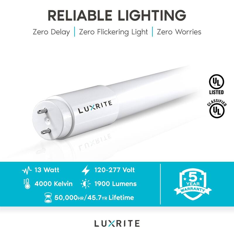 Luxrite 4FT T8 LED Tube Light, Ballast and Ballast Bypass, 13W=32W, 1800 Lumens, Damp Rated 25 Pack