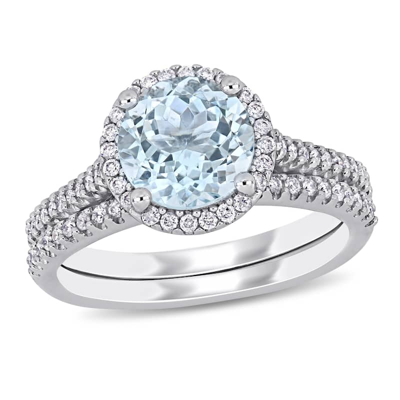 Miadora 14k White Gold Aquamarine and 1/3ct TDW Diamond Halo Bridal Ring Set