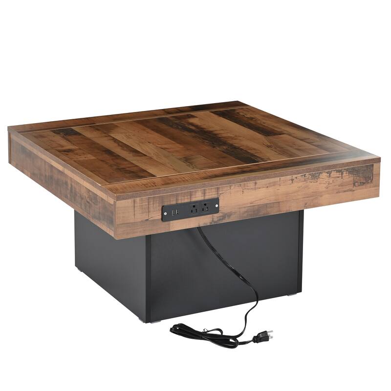 Roomfitters Square Farmhouse Coffee Table with Built-in Charging Station, Wood Grain Center Table with USB and Outlets